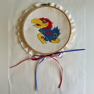 Vintage Handmade Cross Stitch University Kansas KU Big Jay Framed Piece - 7.25"